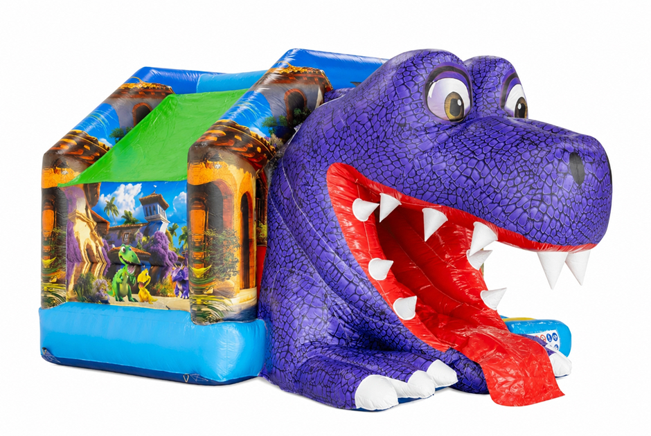 Hüpfburg Slide Combo Mega Dino lila - M&S Hüpfburgenverleih